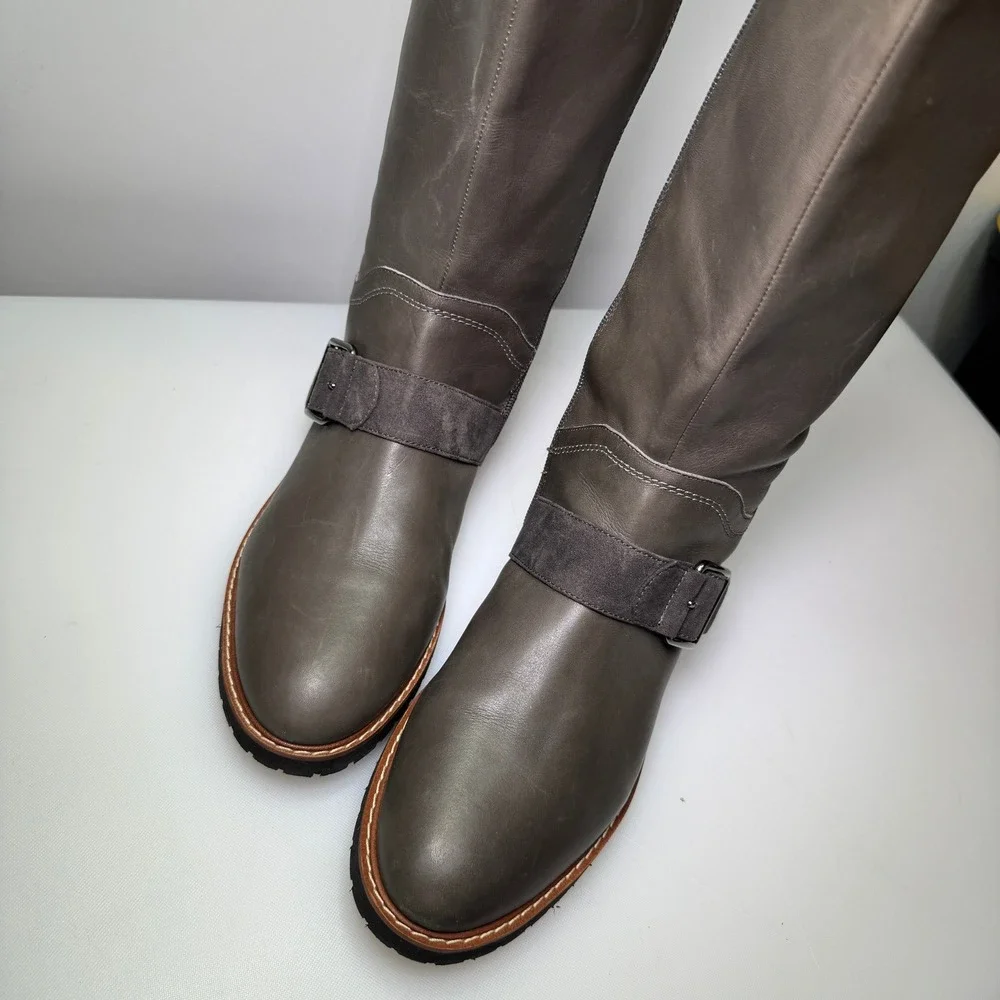 New Franco‎ Sarto Cutler Tall Riding Boots Womens 10M Grey Leather Buckle Knee